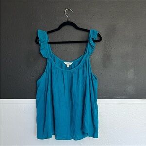 Terra & sky/Aqua blue cotton gauzy tanktop with ruffled cap sleeve-strap/2X/NWOT